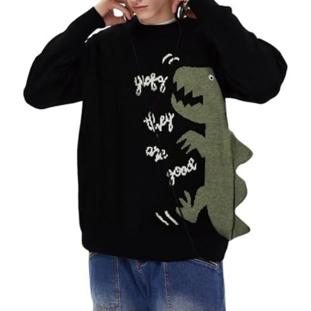 Men's Olive Green Knit Crewneck Dinosaur Embroidered Oversized Sweater Size M